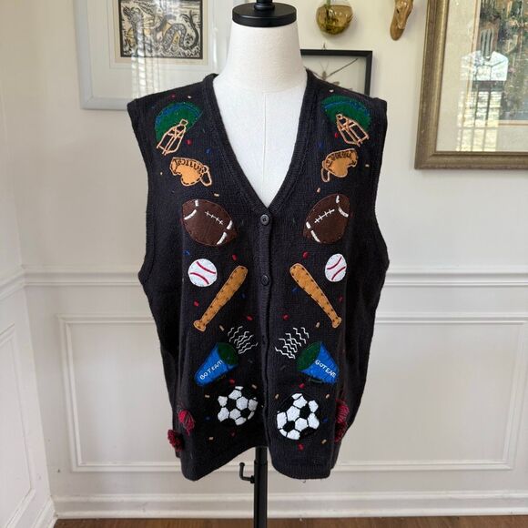 Vintage Bobbie Brooks Sports Theme Appliqué Button Sweater Vest XL - Picture 1 of 9
